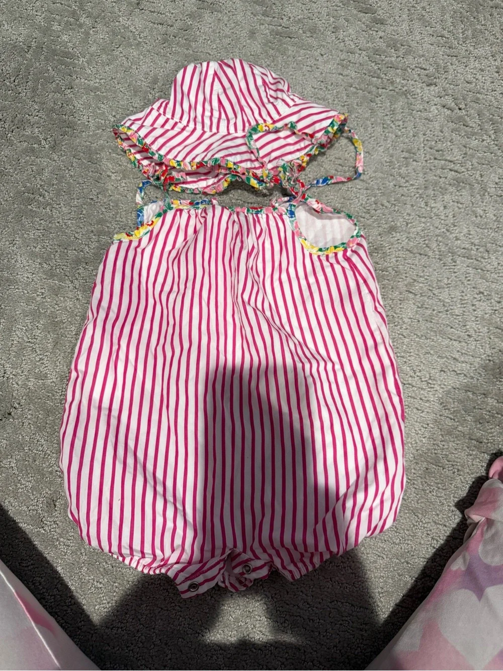 Ralph Lauren Pink and White Striped Floral-Trim Dress